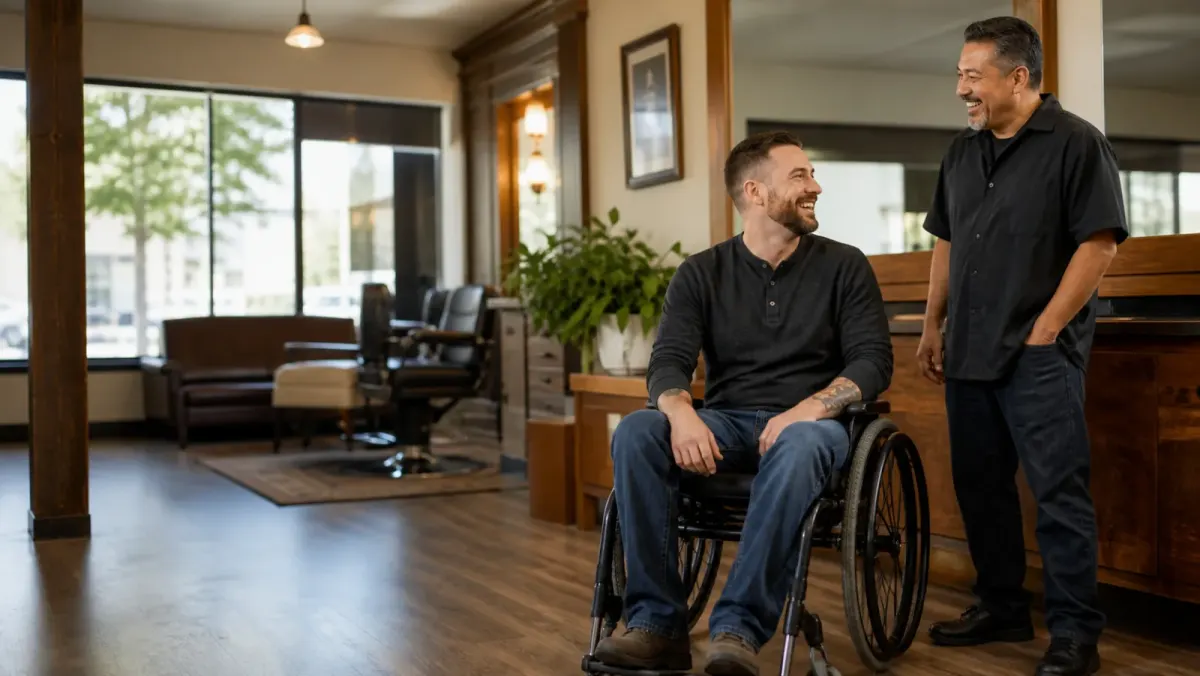 Two friends sharing a conversation in a neighborhood barbershop.