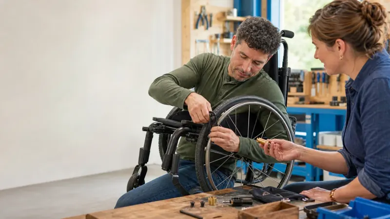 A wheelchair user and a technician working together on a wheelchair wheel.