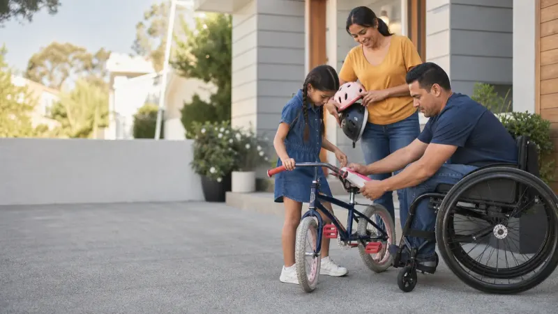 A family preparing a child’s bicycle together outside their home.