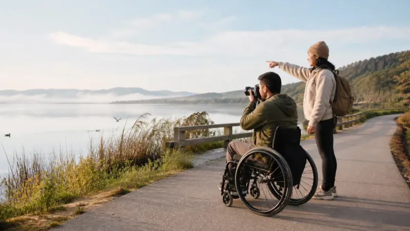 Two friends enjoying photography beside an accessible lakeside path.