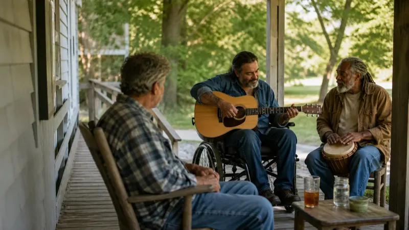 Friends making music together on a shaded front porch.