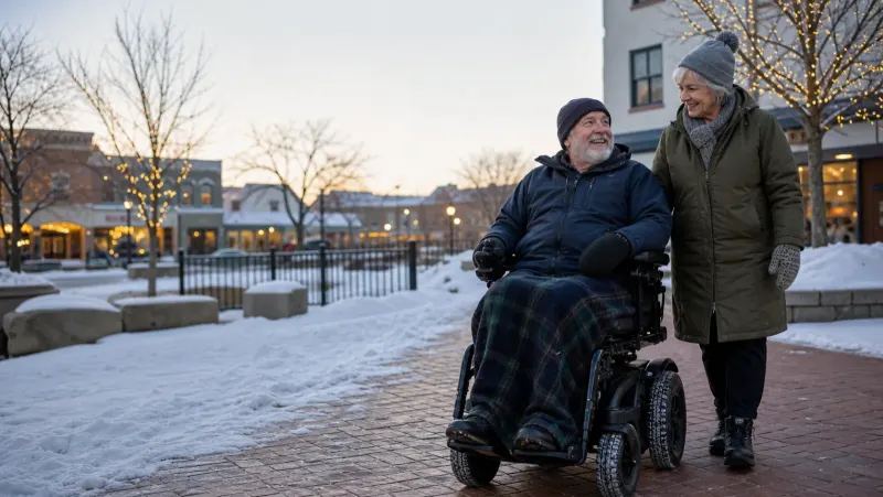 Two friends enjoying an accessible winter outing in their community.